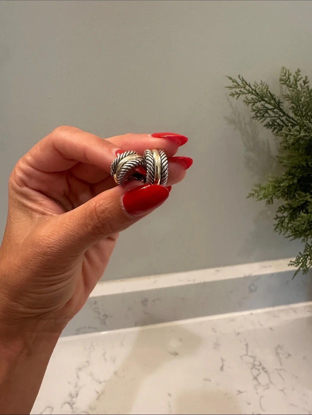 David Yurman Two-Tone Twisted Hoop Drop Earrings in Silver and Gold - Picture 4 of 5